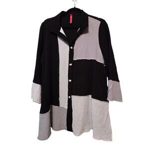 IC by Connie K Colorblock Tunic Top Womens LG Black White Gray Lagenlook Flowy